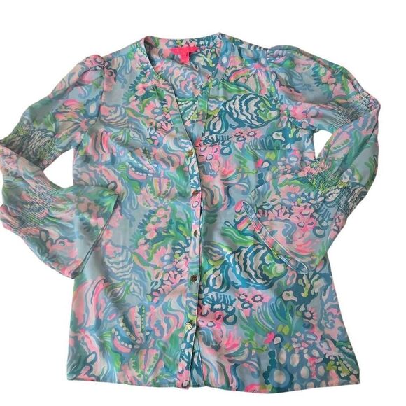 Lilly Pulitzer Womens Maritza Lileeze Button Front Blouse Ibiza Blue Aqua Small - Picture 3 of 11